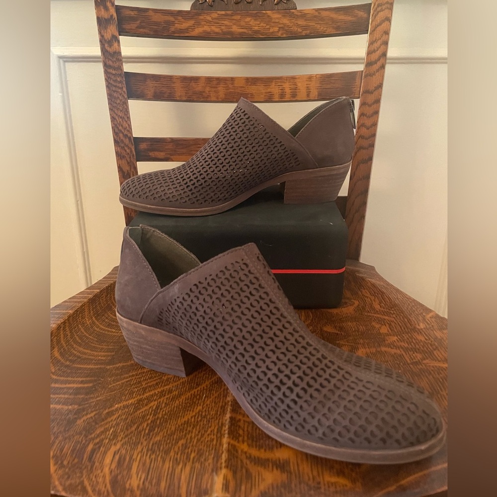 Vince Camuto Chocolate Brown Perforated Suede Shoes with Zippered Heels